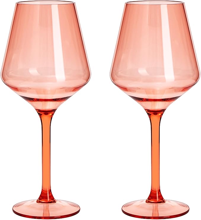 Floating Wine Glasses for Pool (18 Oz | Set of 2) - Wine Glass Set That Float | Shatterproof Poolside Wine | Beach Glass | Outdoor Tritan Plastic Glassware with Stem for Patio, Picnic - Peach Orange