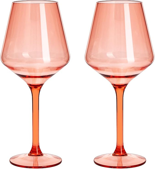 Floating Wine Glasses for Pool (18 Oz | Set of 2) - Wine Glass Set That Float | Shatterproof Poolside Wine | Beach Glass | Outdoor Tritan Plastic Glassware with Stem for Patio, Picnic - Peach Orange