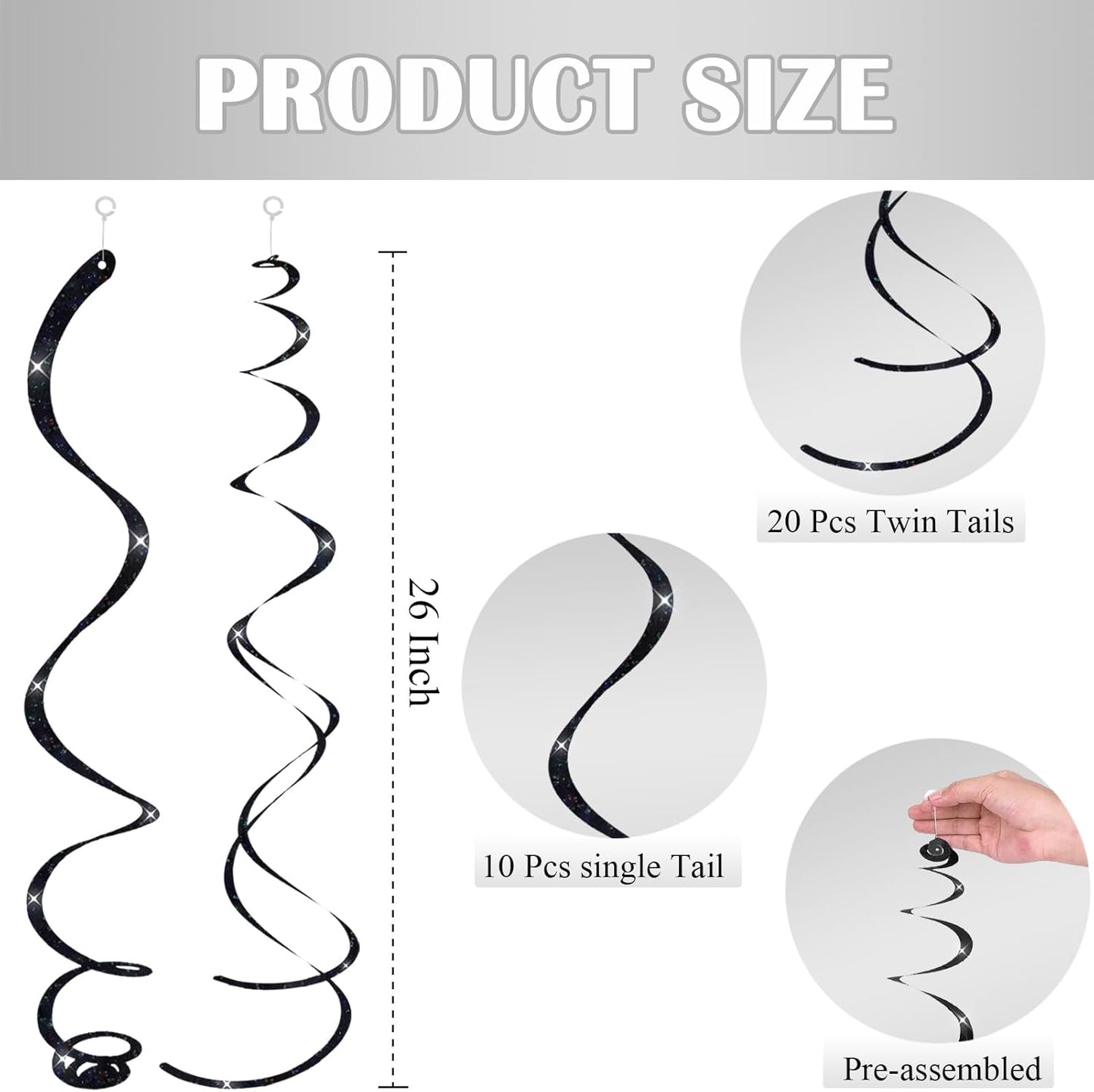 30 pcs Black Hanging Swirls Decorations Swirl Party Decorations Plastic Party Streamer for Ceiling, 26"