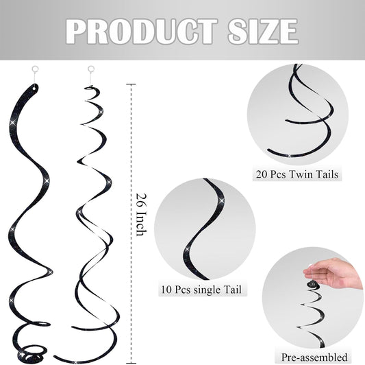 30 pcs Black Hanging Swirls Decorations Swirl Party Decorations Plastic Party Streamer for Ceiling, 26"