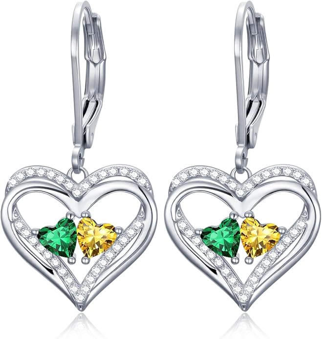 Valentines Day Gifts for Women, Heart Leverback Earrings Double Birthstone Dangle Earrings for Women, Love Jewelry for Her, Anniversary Birthday Gift for Mom Wife Girlfriend