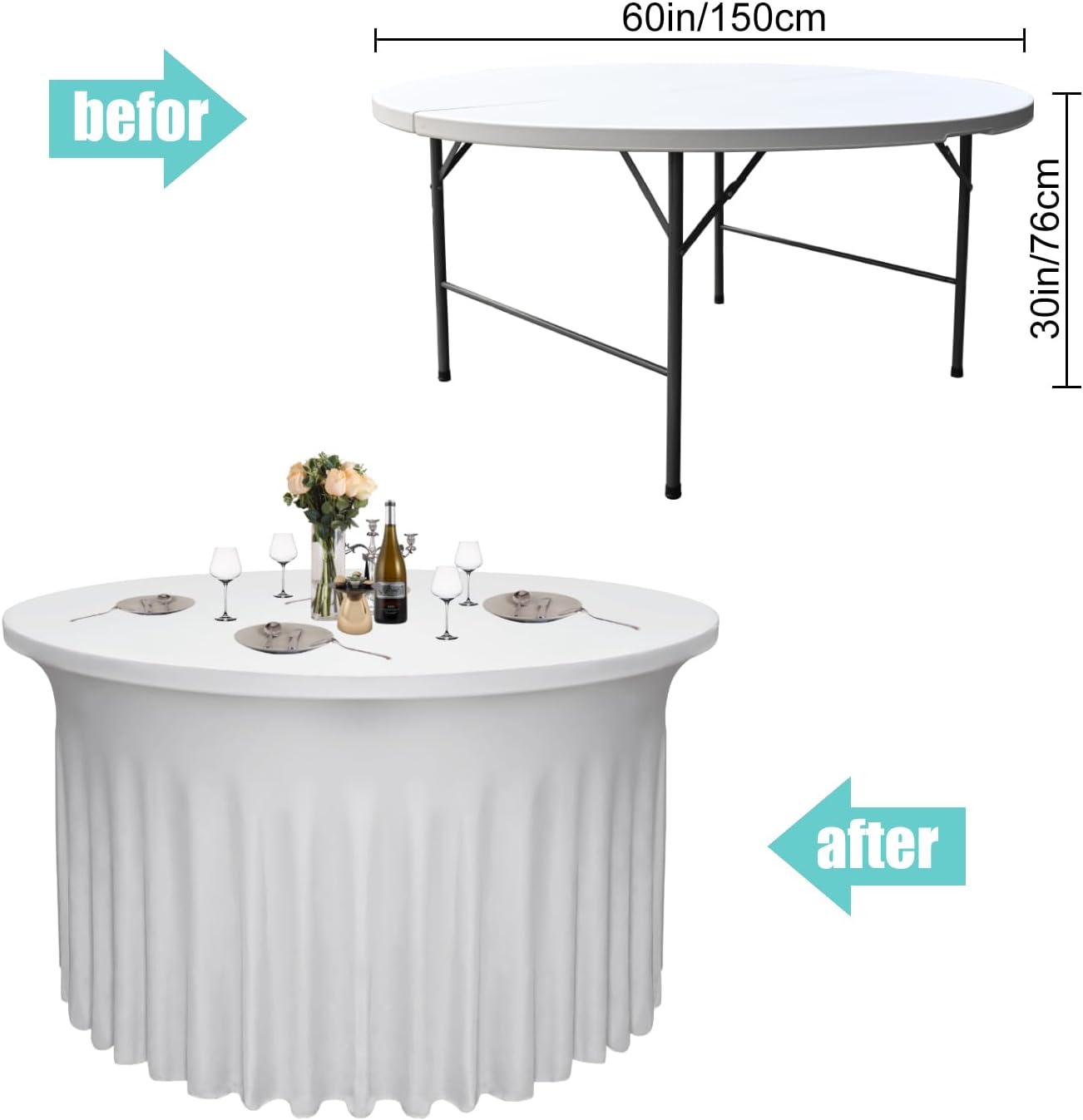6-Pack 60" Diameter x 30" Height White Round Table Skirts for 5FT Tables | Wrinkle & Stain Resistant Polyester Spandex Tablecloths with Elastic Fit | Ideal for Weddings, Parties, Banquets, Dining