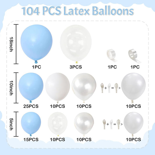 Pastel Blue White Balloons Garland Arch Kit, 104PCS Double Stuffed Pearl White Balloons, Light Baby Blue Clear Balloon for Bridal Shower Baby Birthday Bachelorette Wedding Engagement Party Decorations