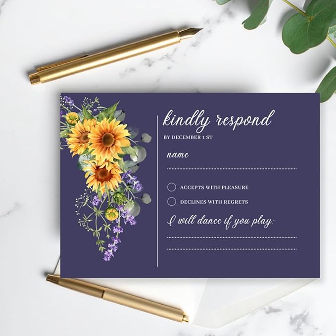 Preprinted Purple and Yellow Sunflower Wedding or Party RSVP Cards, Personalized Response Card Glossy Finish With White Envelopes, Set of 15 with Envelope, 5x3.5 inch Cards (Navy Blue)