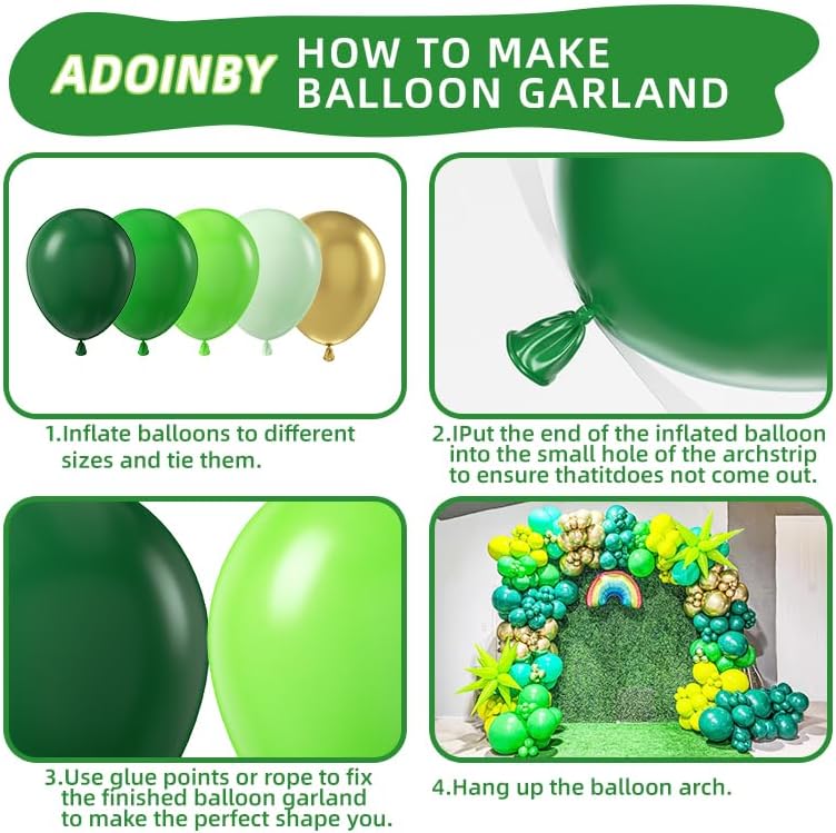 Green Balloon Arch Kit, ADOINBY 140Pcs Emerald Dark Lime Pastel Green and Gold Balloons 18 12 10 5 Inch Different Size Balloons for Birthday Wedding Safari Jungle Baby Shower Boys Party Decorations