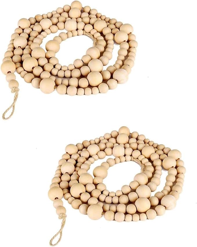 2PCS Christmas Wood Beads Garland 14.4 Feet Wooden Bead Garland Boho Ornaments for Christmas Tree, Xmas Vintage Rustic Farmhouse Round Craft Bead Hanging Holiday Decorations(7.2 Feet/1Pcs)