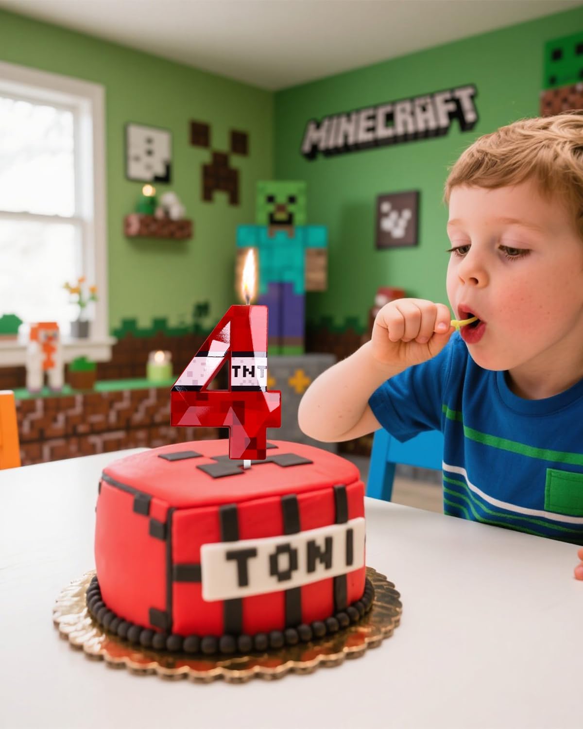 Pixel Birthday Candle, 2.68 Inch Miner Number Candles, Game Themed Candle Birthday Decoration for Pixel Theme Birthday Anniversary Dynamite Video Game Party (Red, 4)