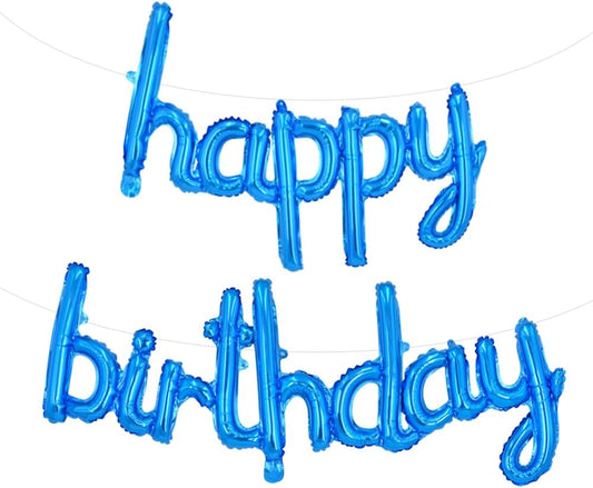 TONIFUL Blue Happy Birthday Balloons Banner, 16 Inch Mylar Foil Script/Cursive Letters Birthday Sign Banner Balloon Reusable Material for Girls Boys Kids & Adults Birthday Decorations