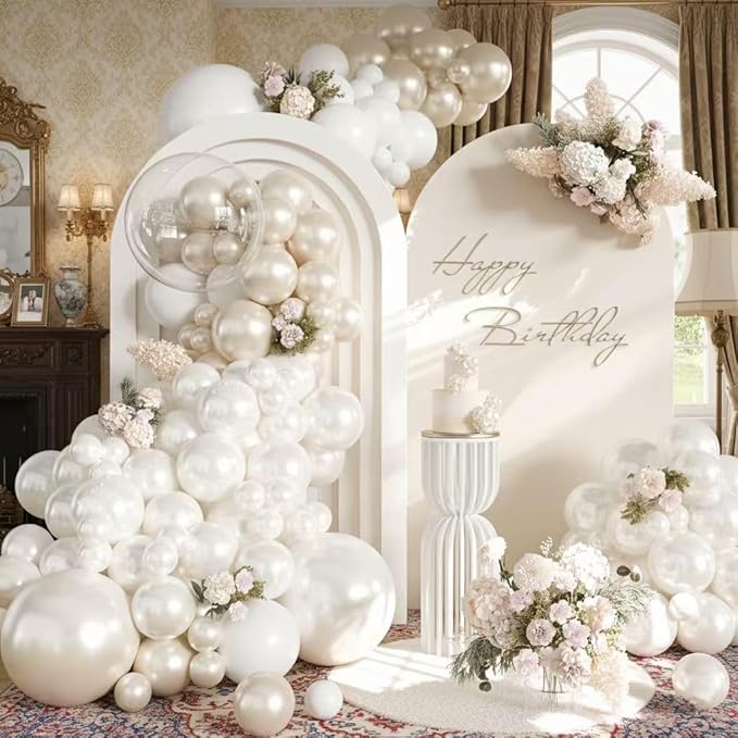 Pearl White Balloon Arch Kit - 126Pcs Different Sizes Double Stuffed Pearl White and Clear Balloons Garland Kit for Wedding Bridal Shower Engagement Birthday Baby Shower Party Decorations