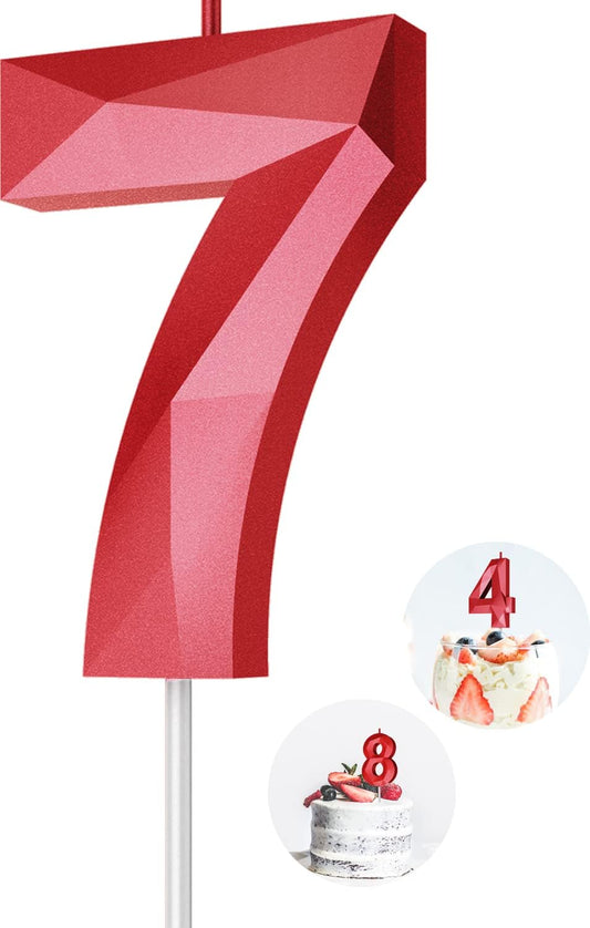 Number Birthday Candles(7 Candle Red) 3D Diamond Shape Number Happy Birthday Cake Candles for Birthday Party Wedding Decoration Reunions Theme Party