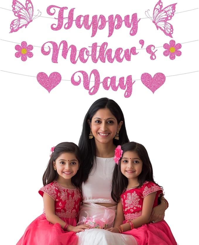 Happy Mother's Day Banner Set Decoration for Mother's Day Party Decorations Backdrop Garland for Mom Mother's Day Glitter Garland Photo Props (Pink Butterfly)