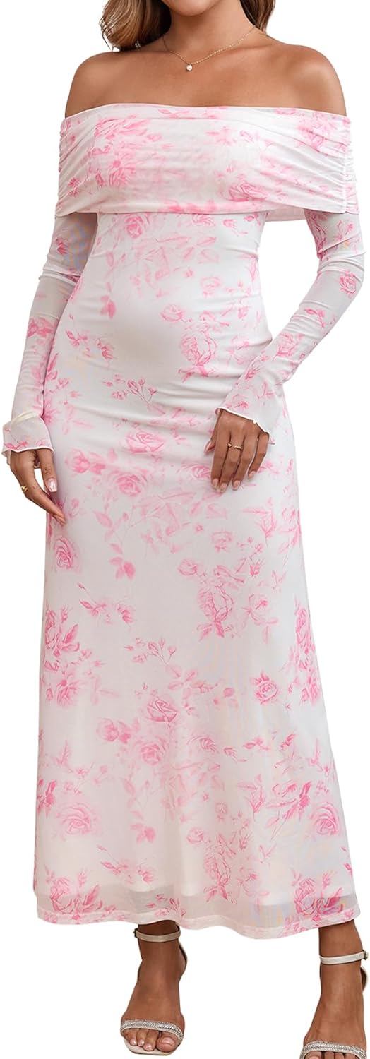 KUTUMAI Women Off Shoulder Bodycon Maxi Dress Long Sleeve Mesh Ruched Party Formal Wedding Guest Dresses