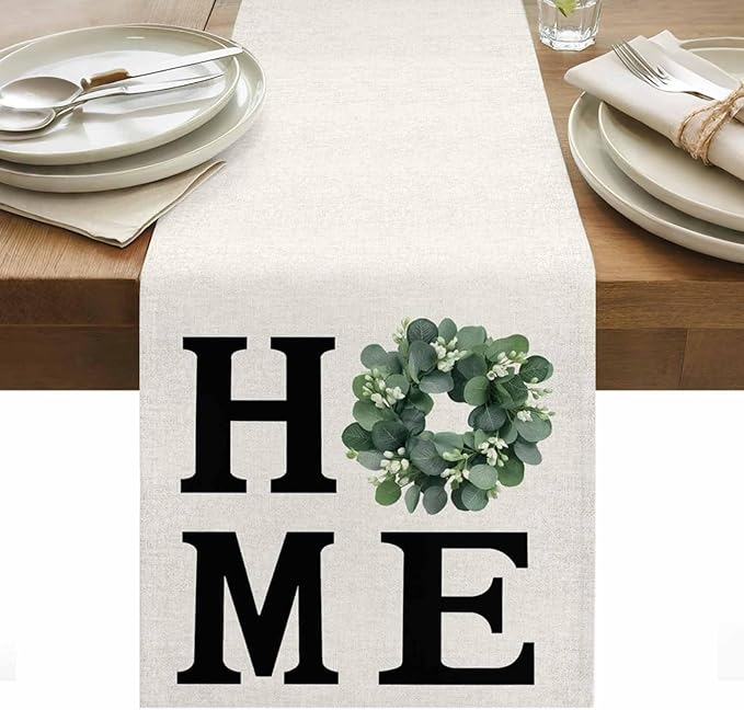 Home Green Eucalyptus Leaves Garland Table Runner 90 Inches Long Cotton Linen Dresser Scarves for Kitchen Daily Use Family Dinners Party Gathering Home Decor Retro Linen Table Runners