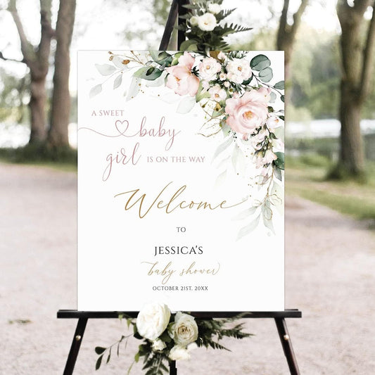 Baby Shower Welcome Sign, Floral Baby Shower Welcome sign, Girl Baby Shower sign, Pink Floral Welcome Poster, blush pink floral welcome sign