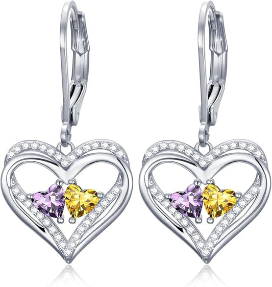 Valentines Day Gifts for Women, Heart Leverback Earrings Double Birthstone Dangle Earrings for Women, Love Jewelry for Her, Anniversary Birthday Gift for Mom Wife Girlfriend