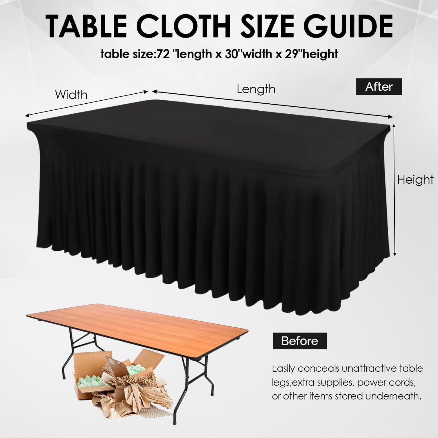 CoFashion 6ft Rectangle Black Spandex Table Skirts & Covers, 3 Packs, Polyester/Spandex, Wrinkle Resistant, Stretchable, Fitted Tablecloth for Banquet, Restaurants, Tradeshows
