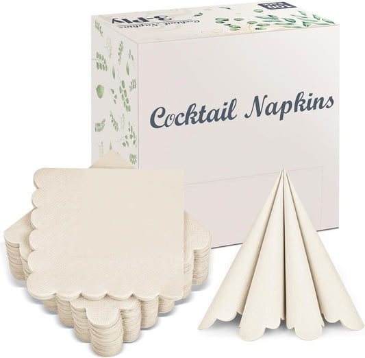 100 Pack Cocktail Napkins 3-Ply Scalloped Edged Wedding Napkins Folded 5 x 5 Inches Dessert Napkins, Disposable Napkins for Dinner Birthday Party Bridal Anniversary Baby Shower Reception (Milky-White)
