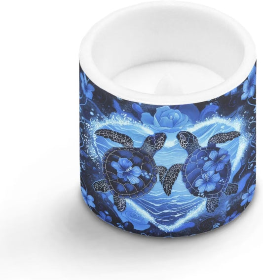Poceacles LED Flameless Candle Set of 4, Battery Operated Tea Lights with Remote Control, Flickering Effect, Multi-Color Options, Sea Turtle Love Rose Hibiscus Flower Dark Blue