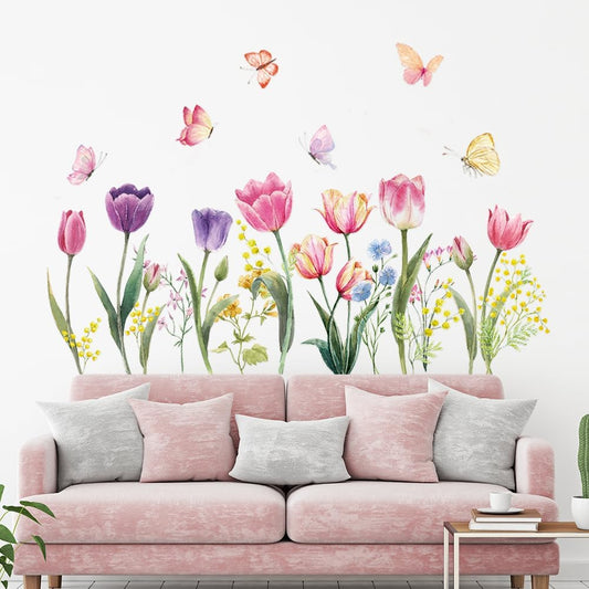 Tulip Flowers Wall Decals Watercolor Floral Butterfly Wall Stickers Colorful Flowers Wall Mural Removable Flower Peel and Stick Wall Art for Girls Bedroom Kids Nursery