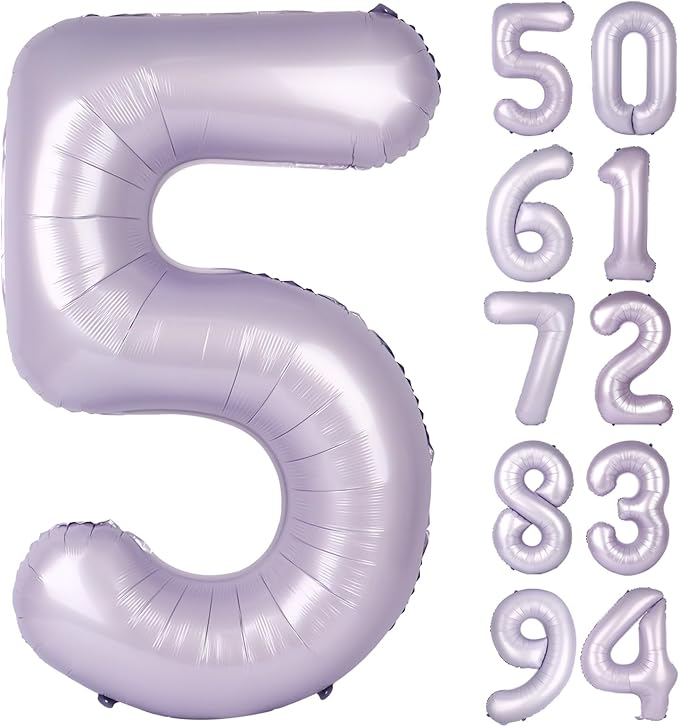 Lilac 5 Balloon, Number Balloons 40 Inch, 5th Birthday Balloon Decorations, Lavender Party Supplies, 5 Number Balloons, Number 5 Balloon