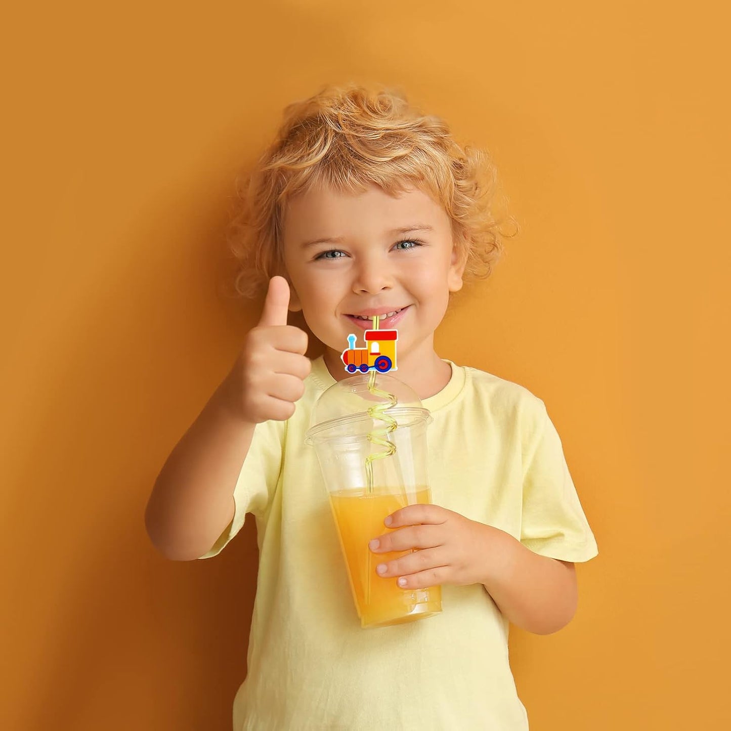 24 Pack Train Theme Shaped Straws - Reusable Plastic Straws with Cartoon Decoration - Kids Party Supplies - Birthday Party Favors with 2 Cleaning Brushes
