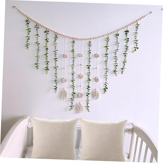 Wooden Bead and Shell Pendant Garland with Simulated Eucalyptus Leaves Lightweight Boho Hanging Decor for Door Window Aesthetic Leaf Vines Plant Decoration for Home and Party