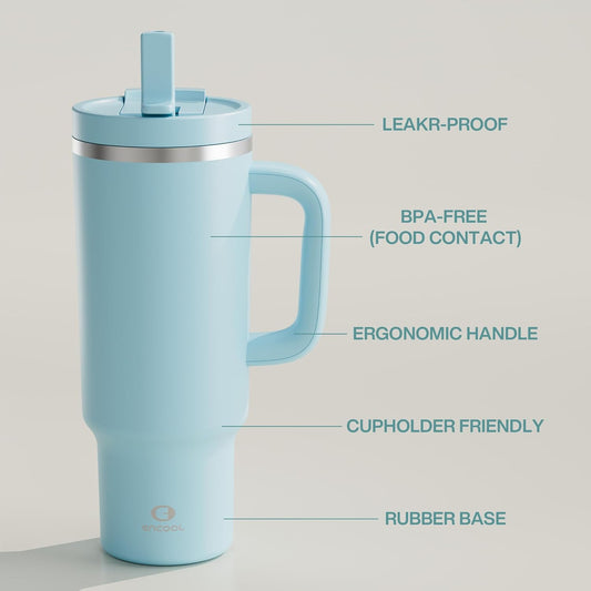 ENCOOL 40 oz Tumbler with Handle and Straw: Stainless Steel Insulated Tumbler Keeps Cold for 24 Hours, Leakproof Travel Cup Fits in Cup Holder and BPA-Free,Pewter Blue