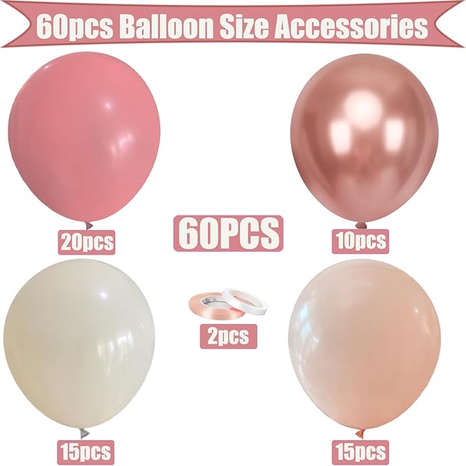 Dusty Pink Balloons Set, 60pcs 12 inch Retro Blush Pink Ivory White Metallic Rose Gold Nude Beige Latex Balloons Kit for Girls Women Birthday Bridal Baby Shower Weddings Party Decoration