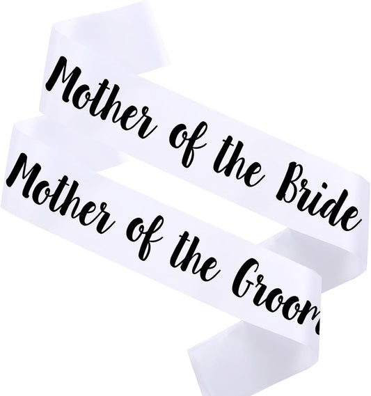 2 PACK Mother of the Bride and Groom Sashes, White Sash with Black Letters Bachelorette Sashes for Mother Bridal Shower Supplies Wedding Accessories