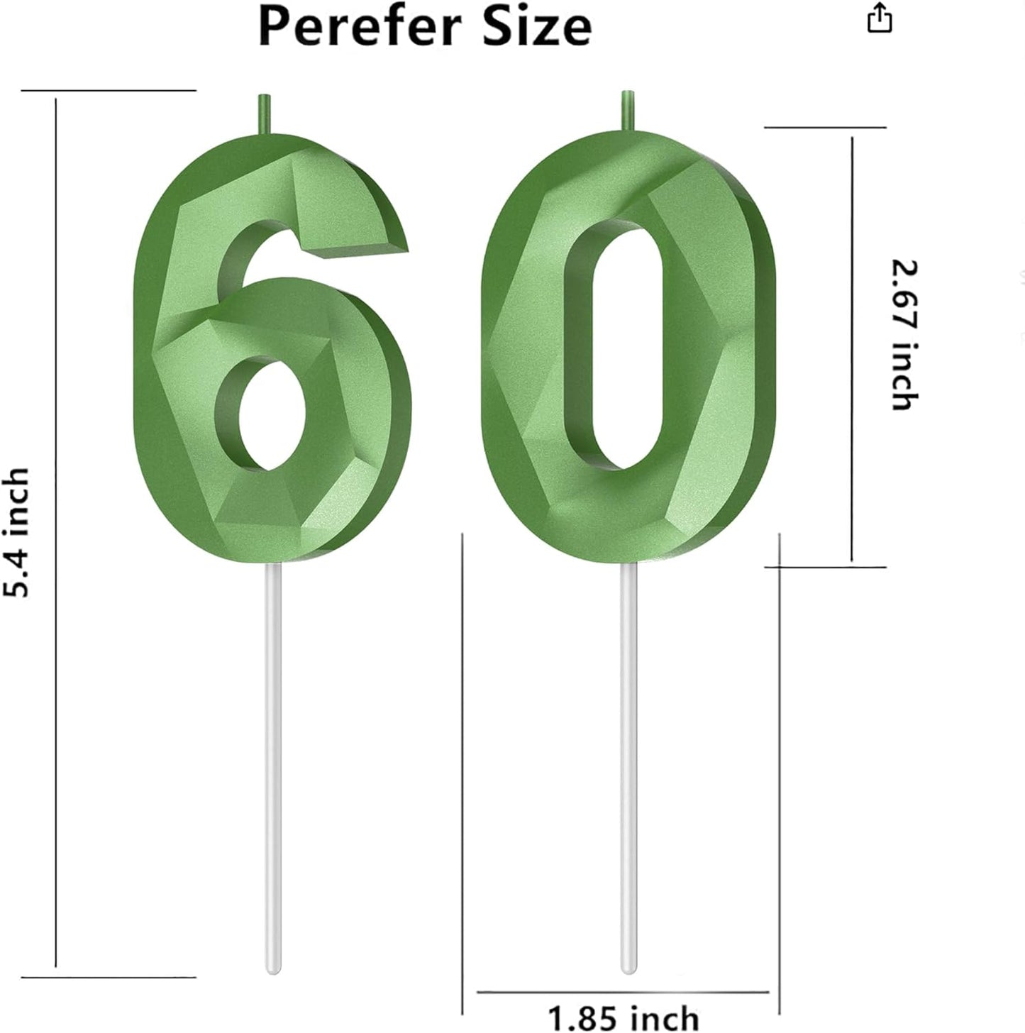 Number Birthday Candles(60 Candle Green) 3D Diamond Shape Number Happy Birthday Cake Candles for Birthday Party Wedding Decoration Reunions Theme Party