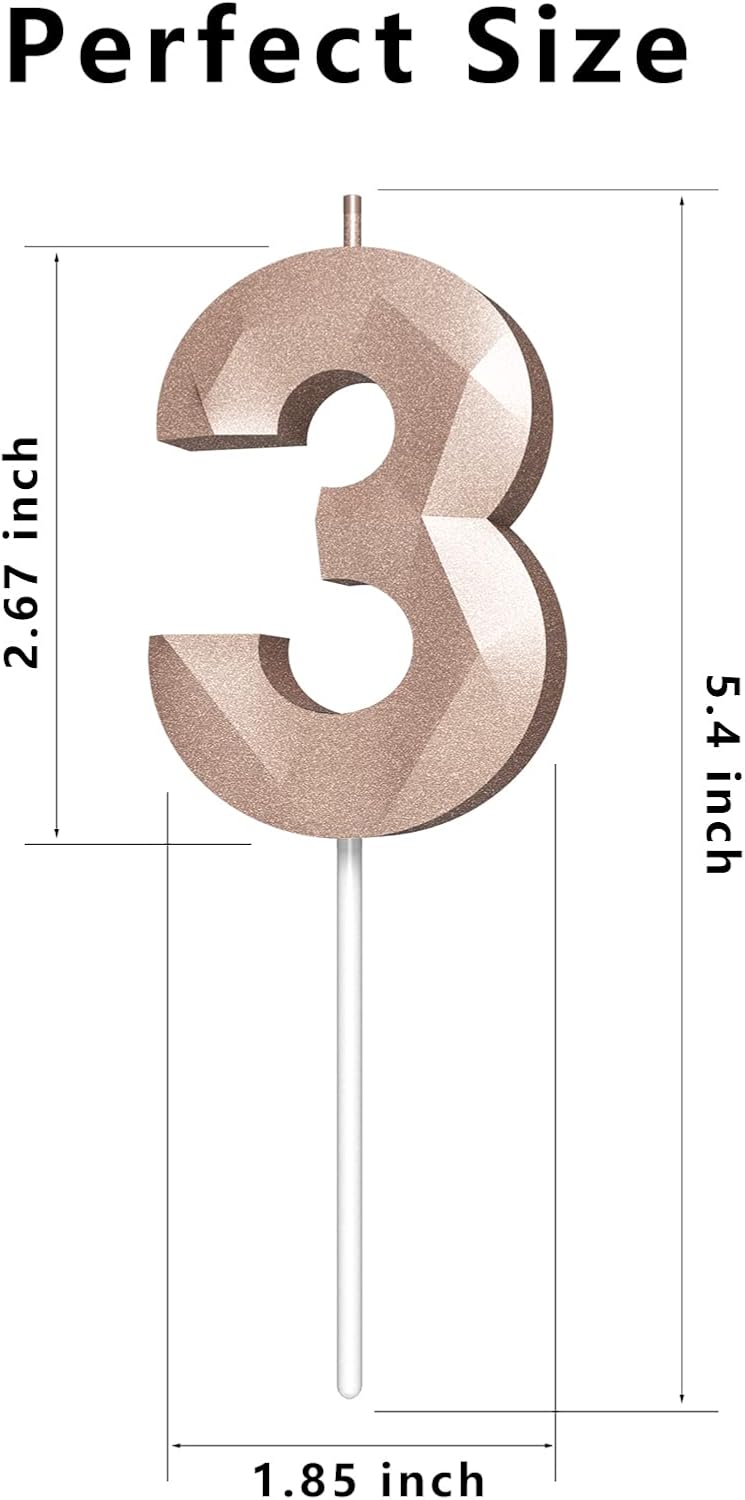 Number Birthday Candles(3 Candle Rose Gold) 3D Diamond Shape Number Happy Birthday Cake Candles for Birthday Party Wedding Decoration Reunions Theme Party