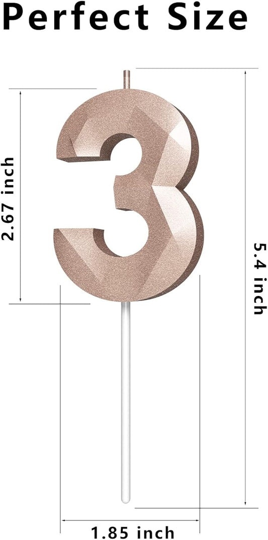 Number Birthday Candles(3 Candle Rose Gold) 3D Diamond Shape Number Happy Birthday Cake Candles for Birthday Party Wedding Decoration Reunions Theme Party
