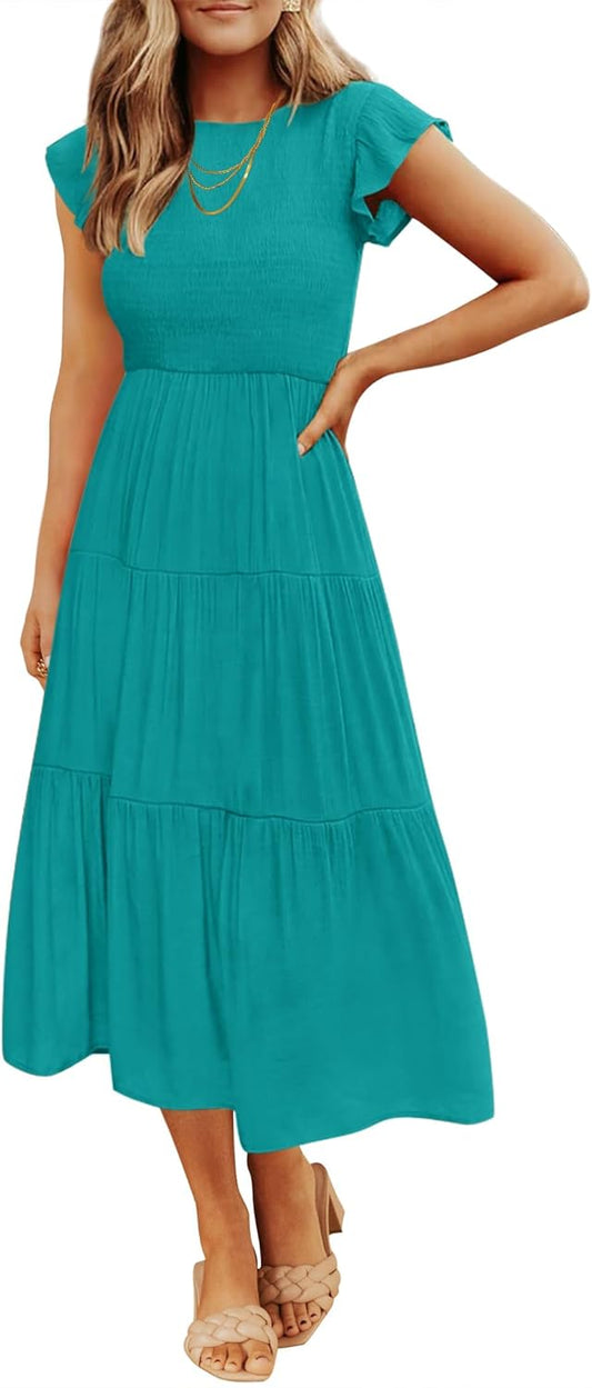 ZESICA Women's 2025 Summer Casual Flutter Short Sleeve Crew Neck Smocked Elastic Waist Tiered Midi Dress