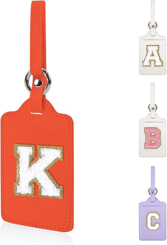 Personalized Initial Luggage Tags for Suitcases, Leather Chenille Letter Cute Luggage Tags with Privacy Name Card, Embroidered Travel Bag Backpack Tags Gifts for Women Kids Girls Teens(Orange-K)