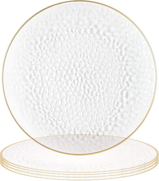 PARTY BARGAINS 13-Inch Charger Plates - 4 Pack, Hammered Clear Gold Rim, Heavy-Duty Disposable Chargers for Elegant Dining - Ideal for Weddings and Formal Events