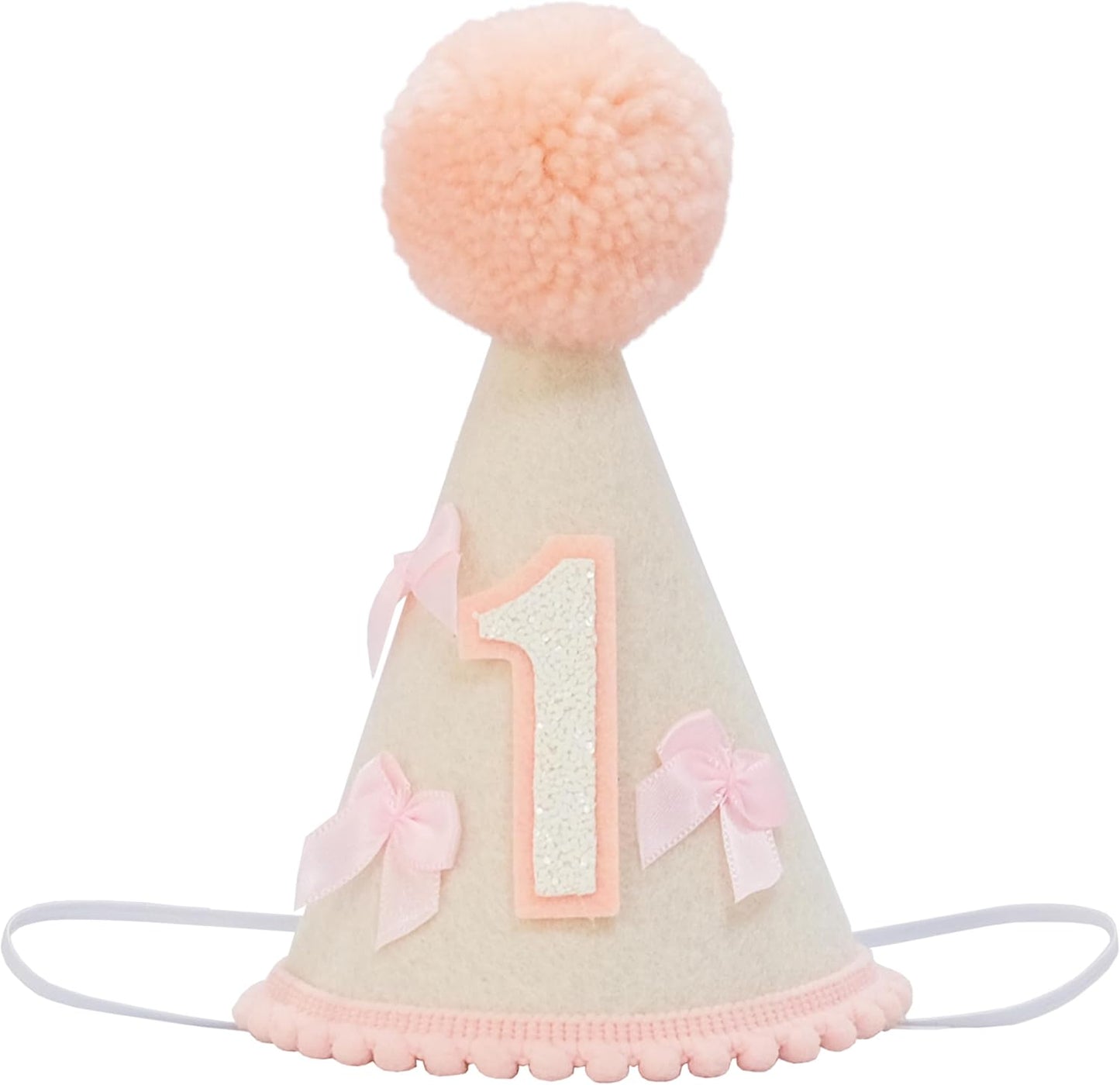 First Birthday Party Hat for Girls, Felt Cone with Pink Pom Pom, White Number 1, Pink Bows