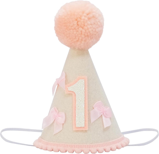 First Birthday Party Hat for Girls, Felt Cone with Pink Pom Pom, White Number 1, Pink Bows