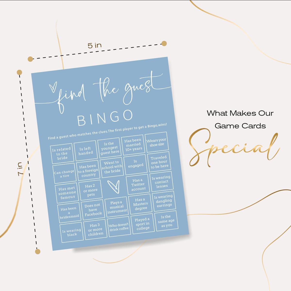 Wedding Shower Games Cards, 25Pcs Prefilled Find The Guest Bingo Game Cards, Engagement Party Games for Guests, Minimalist Blue Wedding Party Supplies - B19