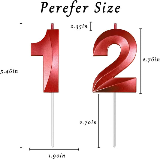 Red Number 12 Candles, 3D Diamond 2.76 Inch Cake Topper Birthday Candles for Wedding Anniversary Cake Decorations, Happy Birthday Party Decorations