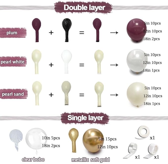 Dark Purple White Balloon Arch Kit, Double Stuffed Plum Mauve Burgundy Pearl White Sand Gold Balloon Garland with Clear Bobo Latex for Birthday Baby Shower Wedding Graduation Mothers Day Party Decor