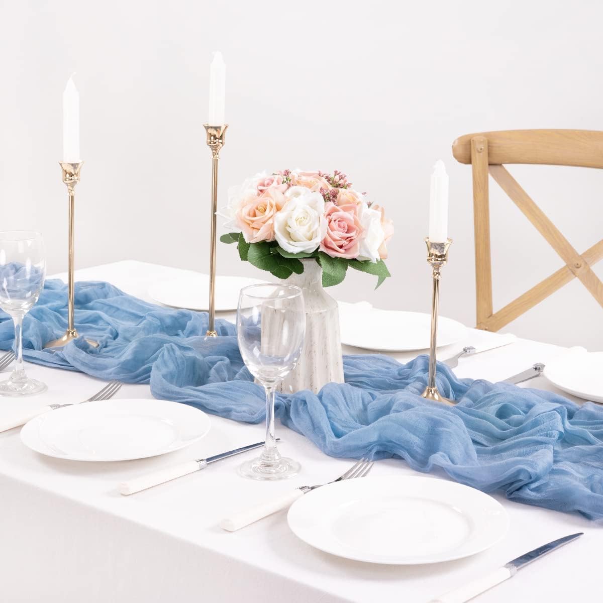 MLMC Dusty Blue Table Runner 10ft Boho Gauze Blue Cheesecloth Table Runner Rustic Fall Cheese Cloth Centerpiece 35x120 Inches for Wedding Bridal Shower Baby Shower Party Decor