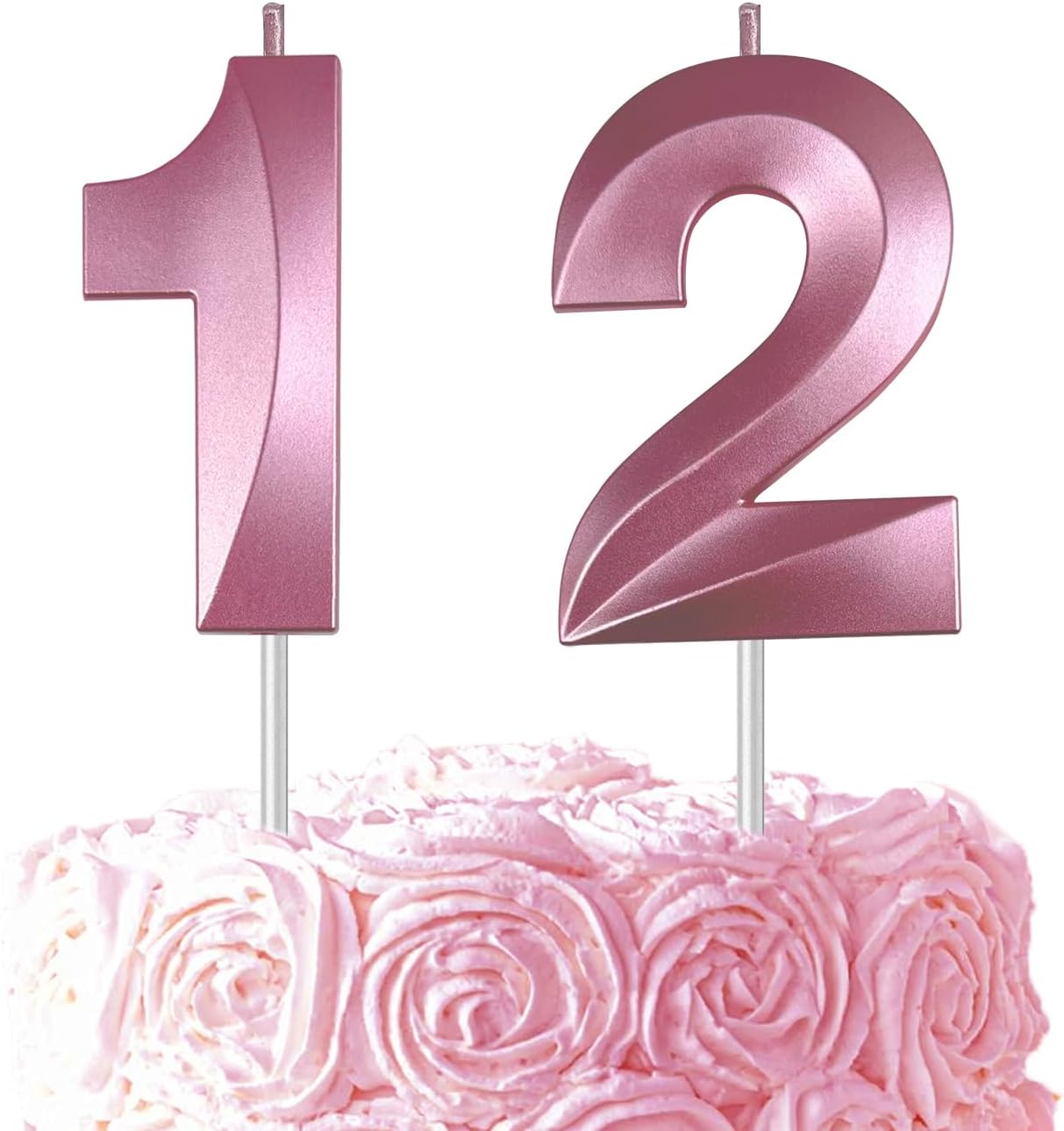 Pink Number 12 Candles, 3D Diamond 2.76 Inch Cake Topper Birthday Candles for Wedding Anniversary Cake Decorations, Happy Birthday Party Decorations