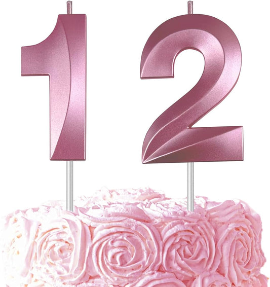Pink Number 12 Candles, 3D Diamond 2.76 Inch Cake Topper Birthday Candles for Wedding Anniversary Cake Decorations, Happy Birthday Party Decorations