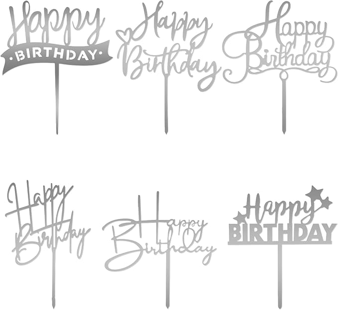 DIVINA VITAE 6 Pcs Silver Acrylic Happy Birthday Cake Toppers & Inserts - 6.29" W x 9.44" H - Perfect for Cupcakes, Cakes, Parties & More