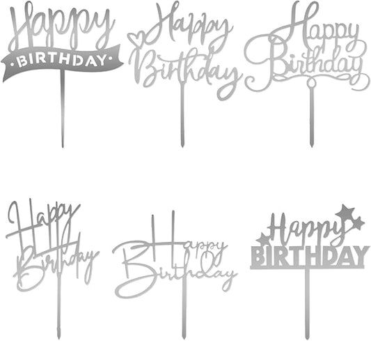 DIVINA VITAE 6 Pcs Silver Acrylic Happy Birthday Cake Toppers & Inserts - 6.29" W x 9.44" H - Perfect for Cupcakes, Cakes, Parties & More