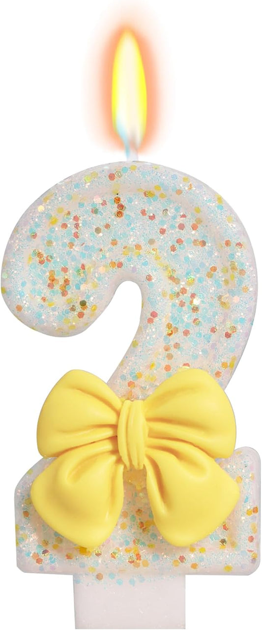 Birthday Candle for Cake, Yellow Bow Cake Candles, Cake Topper Decoration for Birthday Party (Number 2)