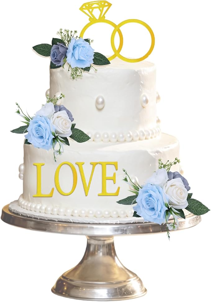 4Pcs Wedding Cake Topper Diamond Ring Cake Topper with 26 Letter Personalize Bride and Groom Initial Sign Cake Decor for Bridal Shower Party