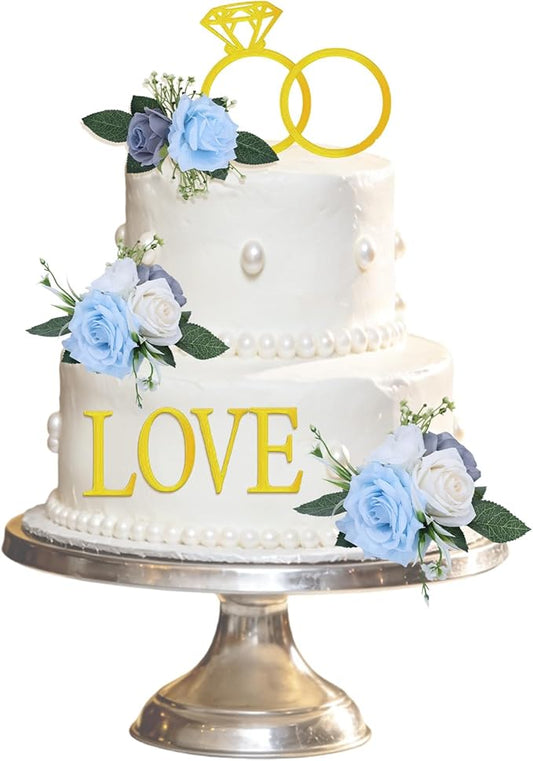 4Pcs Wedding Cake Topper Diamond Ring Cake Topper with 26 Letter Personalize Bride and Groom Initial Sign Cake Decor for Bridal Shower Party