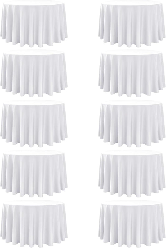 10-Pack White Round Tablecloths, 108 Inches, Stain-Resistant Polyester for 4-5 Ft Round Tables - Washable Table Covers for Weddings, Banquets, Birthday Parties, Events