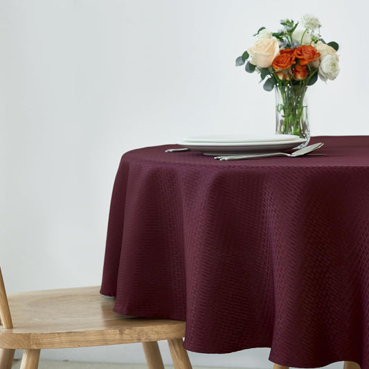 maxmill Round Weaved Texture Design Tablecloth Spill-Proof Wrinkle Free Soft Washable Table Cloth for Circular Table Cover, for Dining Room Buffet Banquet Parties Holiday Dinner, 90 Inch Burgundy